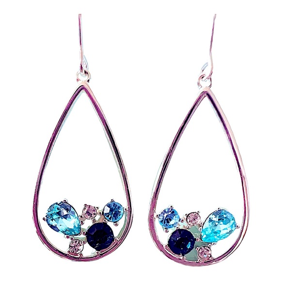 Teardrop Silver Plated Earrings with an Elegant Cluster of Rhinestones - Picture 1 of 3